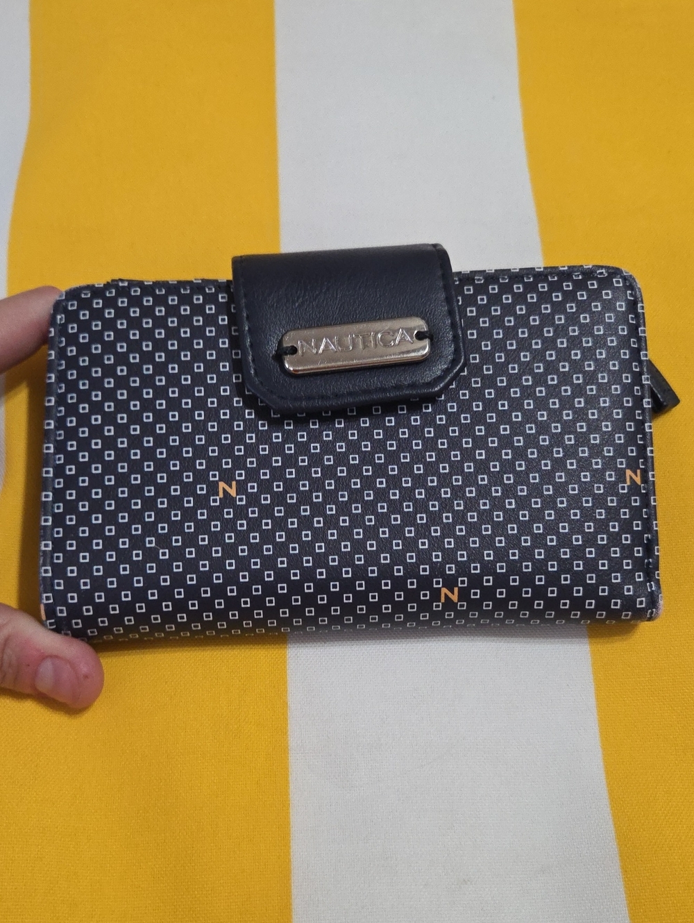 Nautica Navy Wallet with White Square Pattern and Silver Plaque